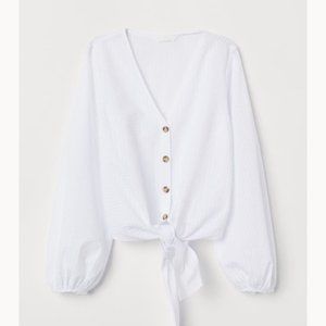 H&M White/seersucker Tie-hem Blouse